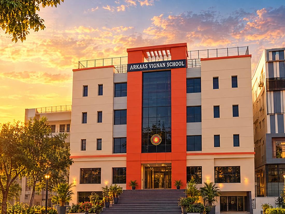Arkaas Vignan School campus Front view of the Arkaas Vignan School building in Puppalguda, Hyderabad