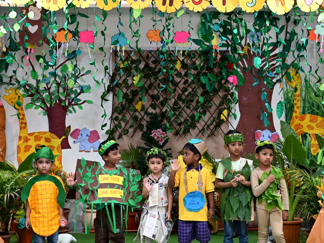 Children in nature-themed costumes celebrating Vanamahotsav at school Children in nature-themed costumes celebrating Vanamahotsav at school